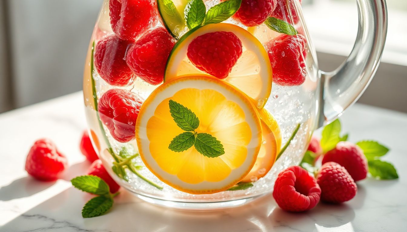 Refreshing detox water infused with fresh lemon slices, cucumber, and mint leaves in a clear glass pitcher