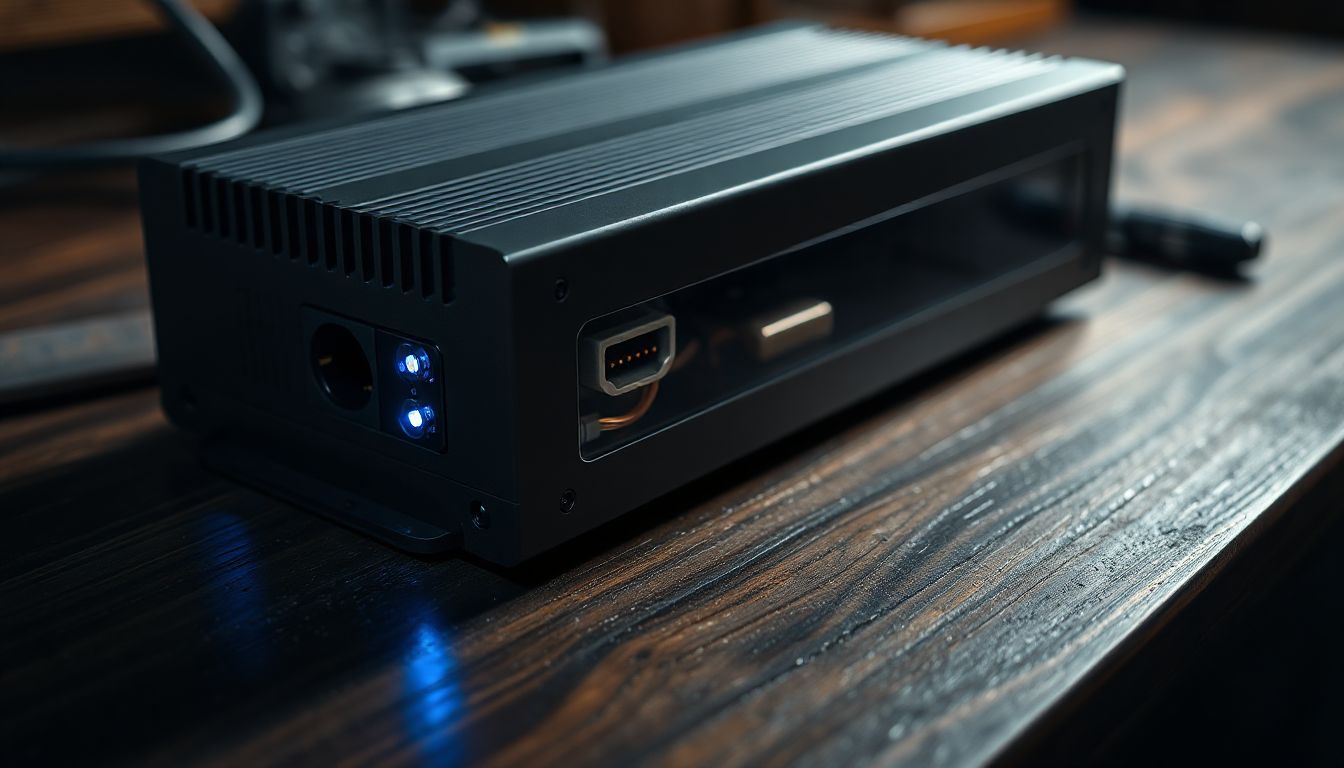 A compact voltage converter tool powering a laptop abroad, ensuring safe device use in foreign outlets