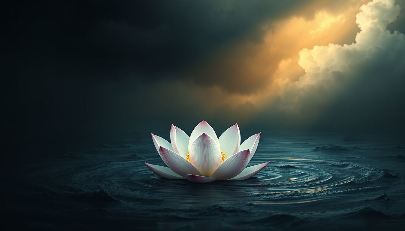 A calm figure standing strong amid a stormy sea, embodying resilience and inner peace during tough times