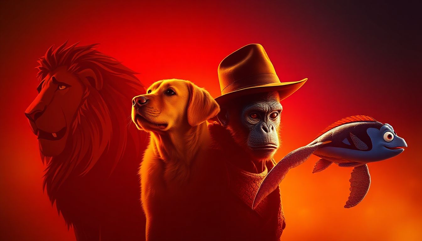 A majestic lion roaring under a golden sunset, capturing the wild heart of cinema's most unforgettable animal tales.