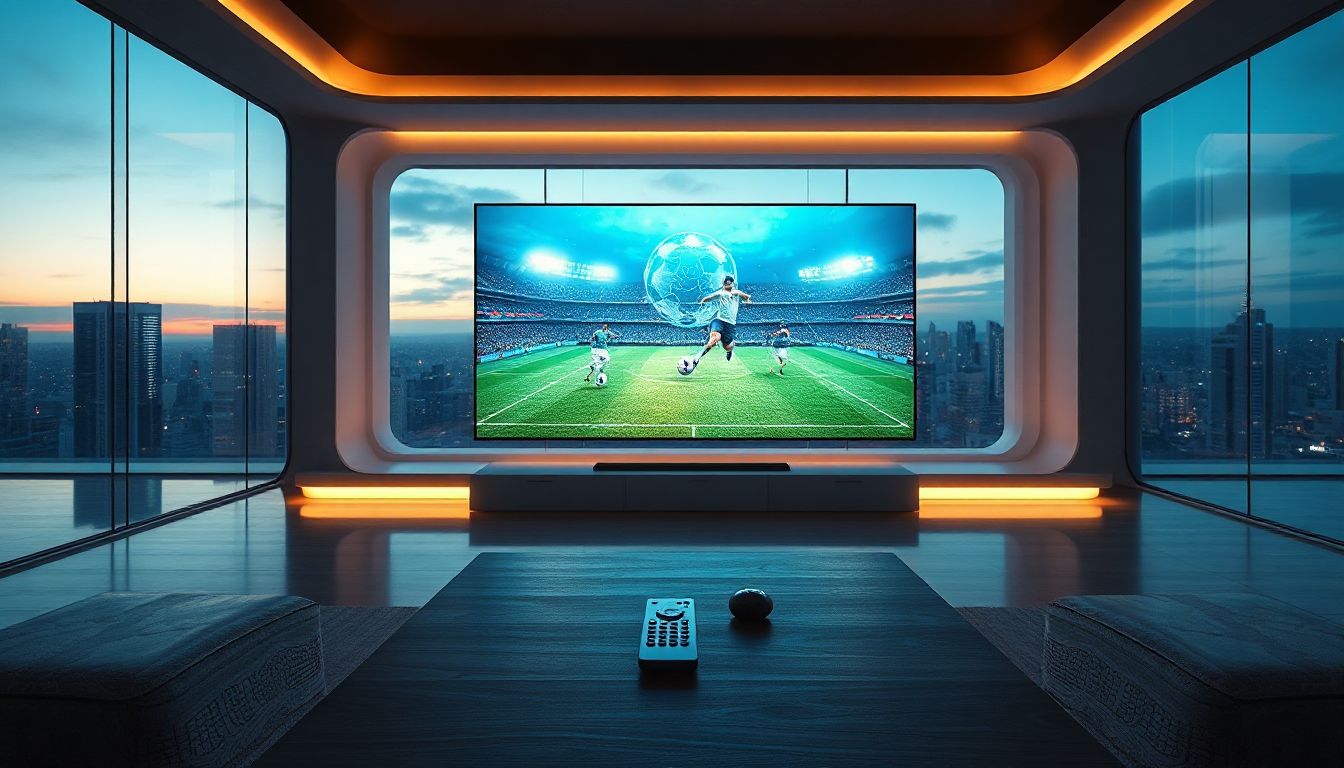 Sports fans cheering while streaming live soccer match on a big screen with IPTV setup