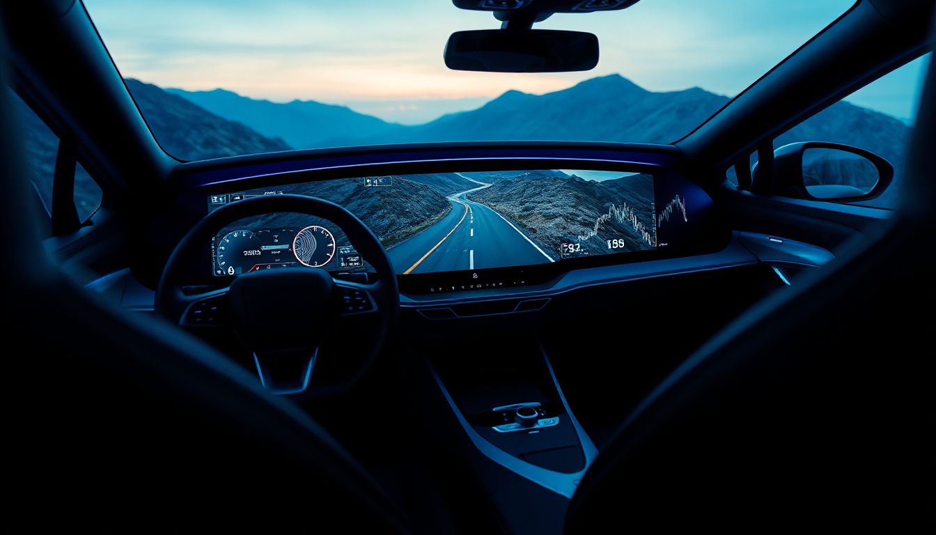 Modern Dashboard Glow: A sleek infotainment screen displays navigation and performance data during a spirited drive.