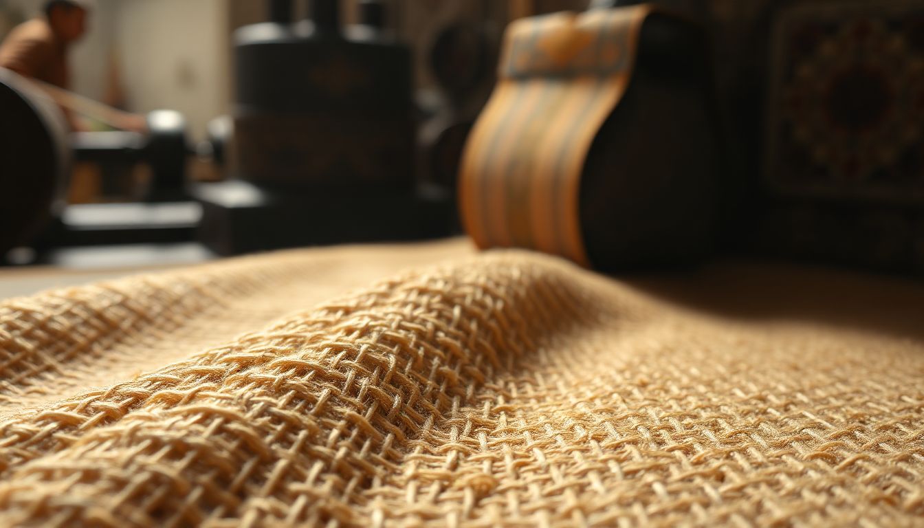 Rolls of stiff buckram fabric in a Pakistani textile mill, showcasing its role in garment structure