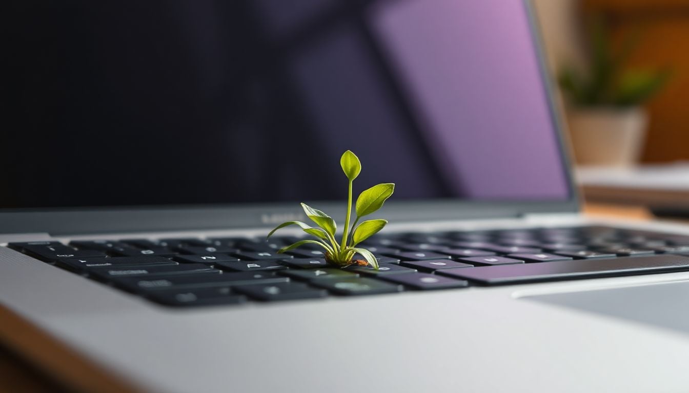 A cozy home office setup with a laptop, coffee mug, and plants, ready for building an online business empire.