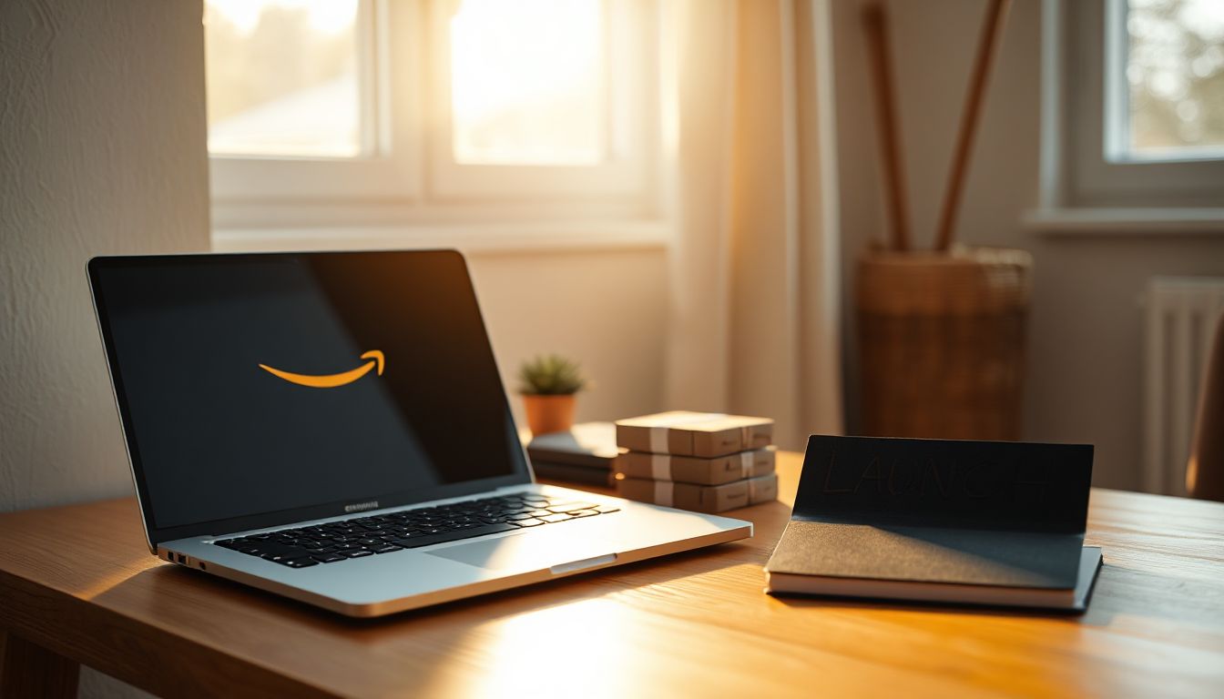 A cozy home setup with a laptop showing Amazon's seller dashboard, ready to launch your free online business adventure