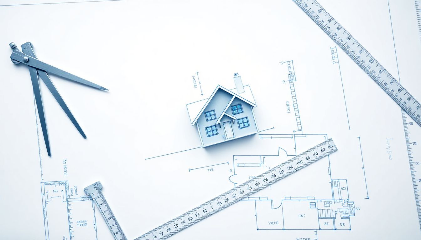 A professional architect sketching detailed house plans on a blueprint at a drafting table, surrounded by tools and models of homes.