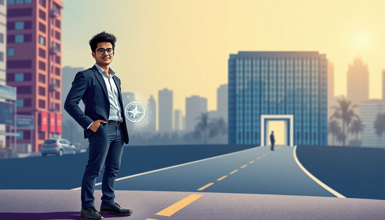 A confident young graduate in a suit, shaking hands with a recruiter at a job fair in bustling Mumbai, symbolizing the exciting start to a career in India's vibrant job market.
