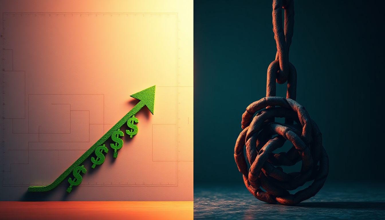 A balance scale with one side showing a house and books representing growth, the other with credit cards and luxury items sinking into quicksand, illustrating the choice between smart and risky borrowing.