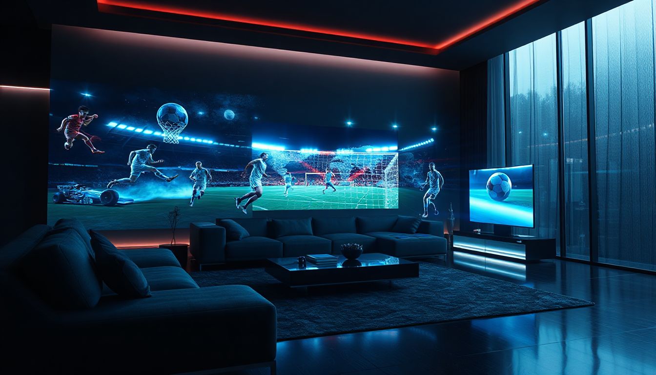 Future of sports viewing: Fans cheering in front of a vibrant IPTV screen displaying live action