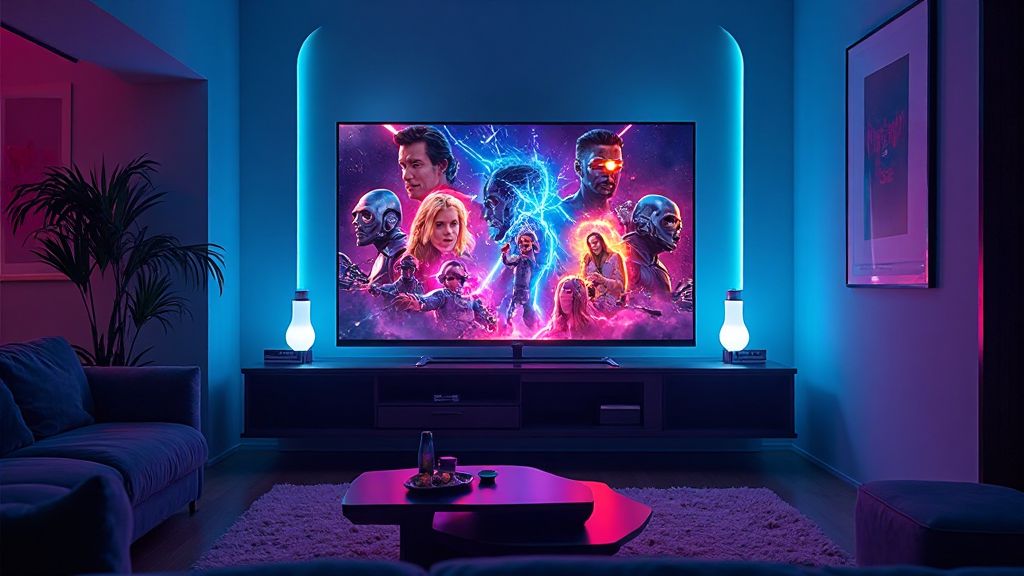 A vibrant collage of futuristic movie posters streaming on a sleek IPTV interface, teasing blockbuster hits for 2026