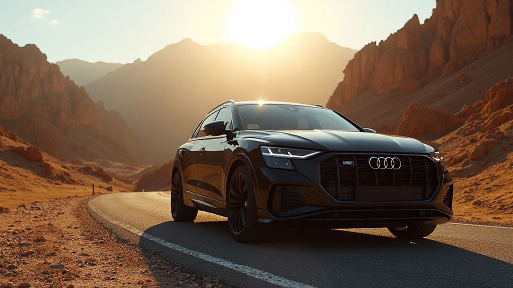 Un 4x4 de luxe Audi Q8 traversant les routes sinueuses de l'Atlas au Maroc, offrant confort et aventure