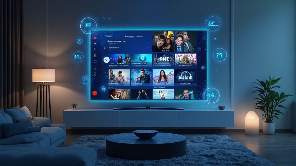 Modern IPTV Smarters Pro dashboard on a smart TV, highlighting AI-driven playlists and 8K streaming options