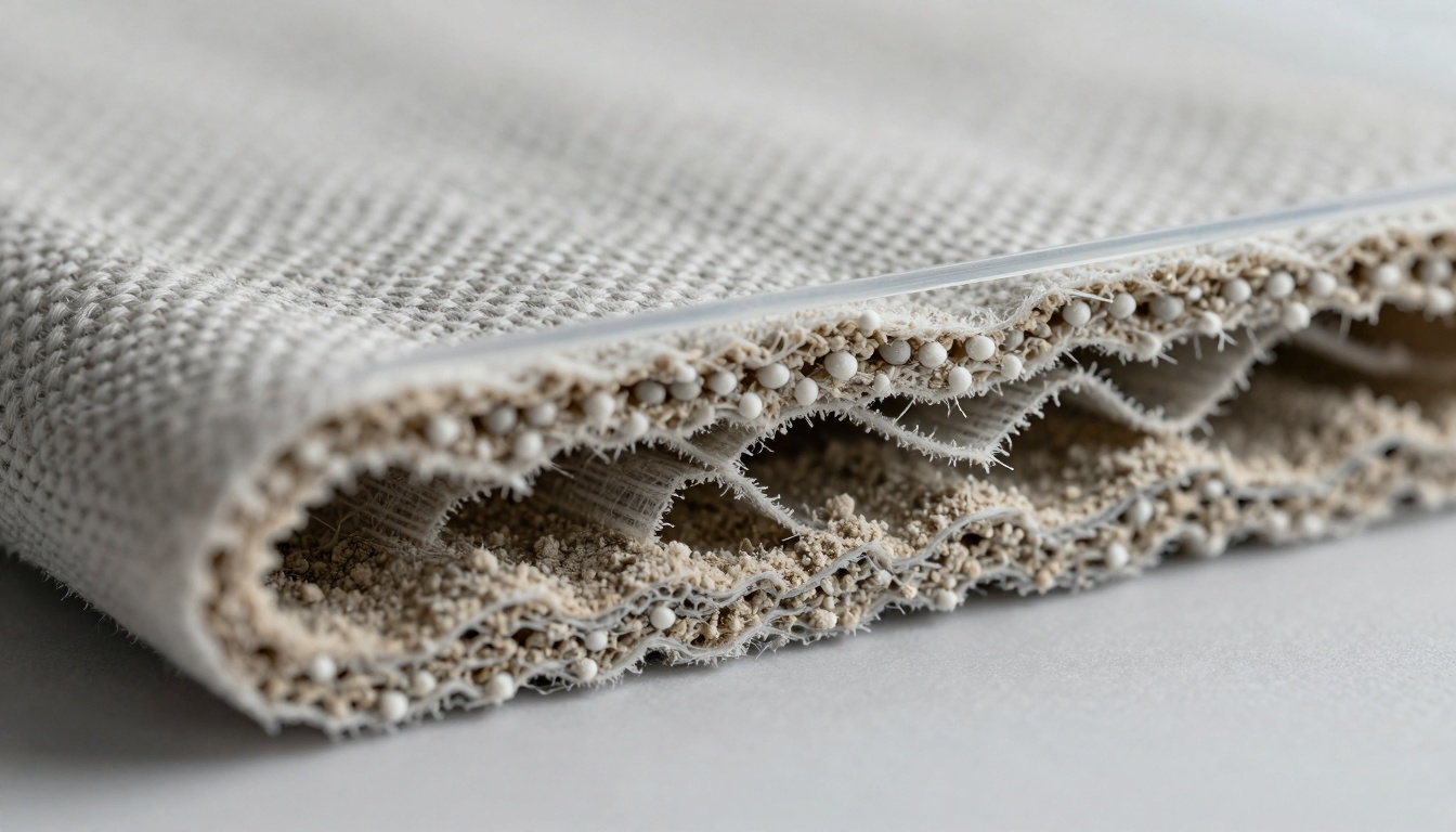 Interlining fabrics under examination, highlighting GSM weight and resin coatings for garment support