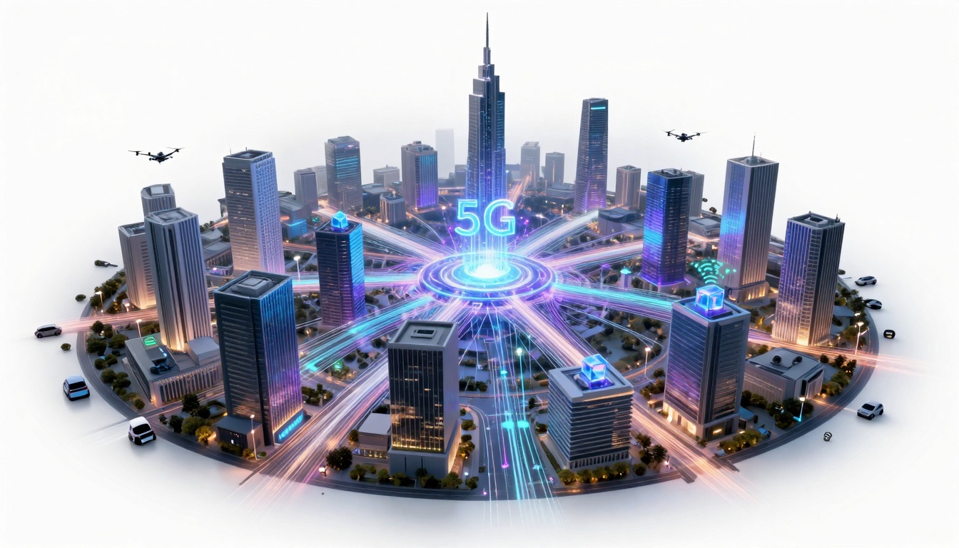 A vibrant cityscape where glowing networks link cars, buildings, and devices in a web of instant connections.