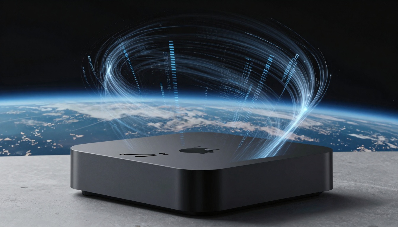 Apple TV device glowing with colorful streaming channels on a modern living room setup, ready for the future of IPTV