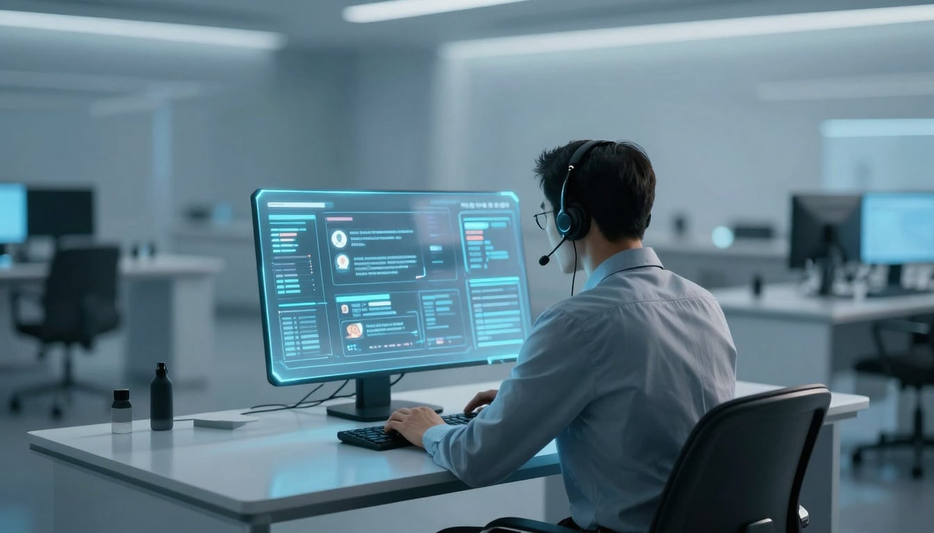 A smiling customer service agent helping a client over the phone, representing the human touch in support