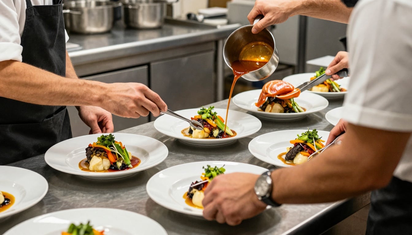 A team of food service workers hustling in a lively restaurant kitchen, plates flying and smiles wide.