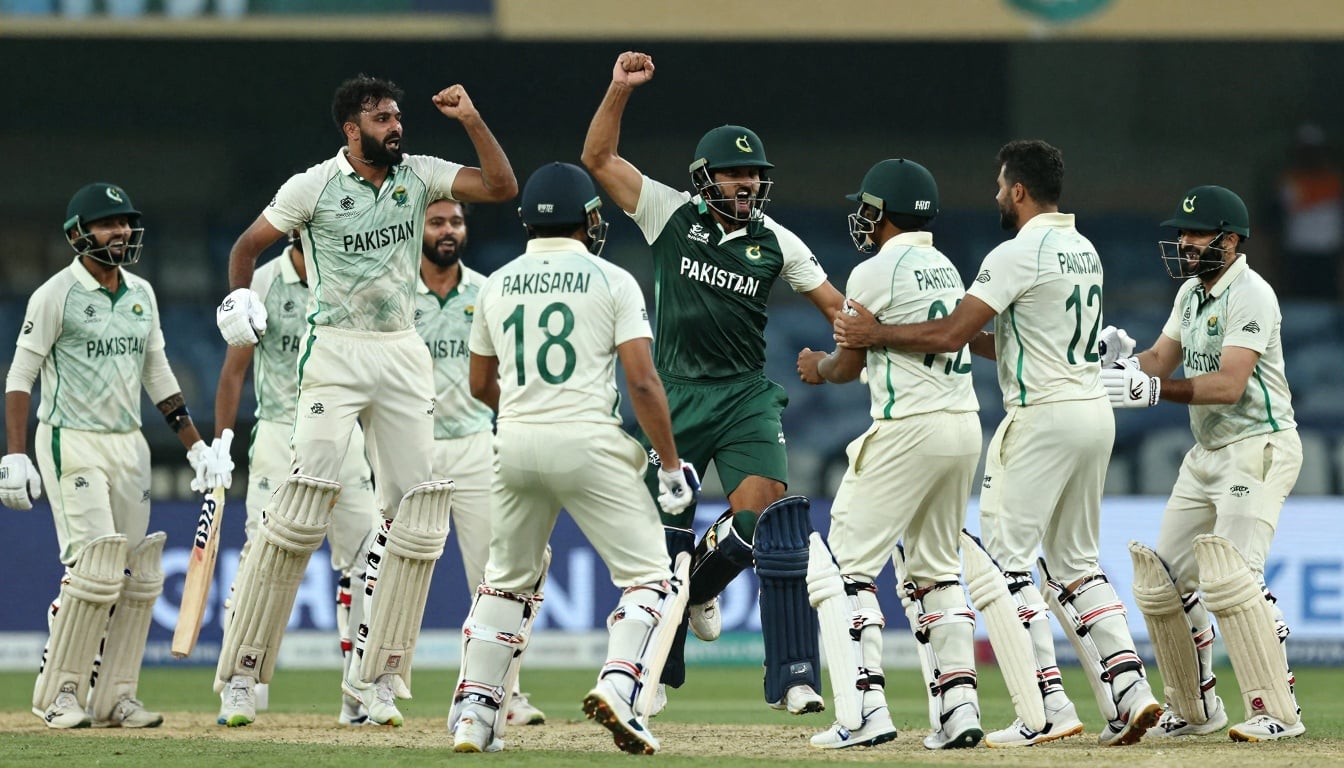 Pakistan Cricket Team The Men in Green charging through a rain-soaked pitch in a dramatic ODI clash