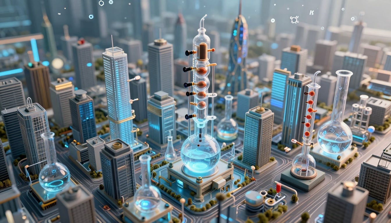 Students collaborating in a bustling chemical engineering lab, surrounded by global innovation hubs