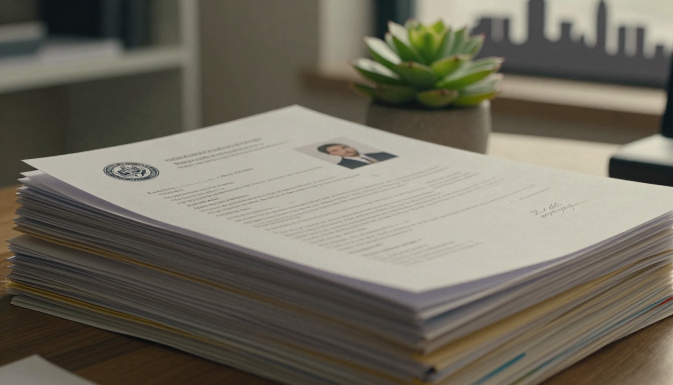 Nigerian student organizing study abroad documents at a desk