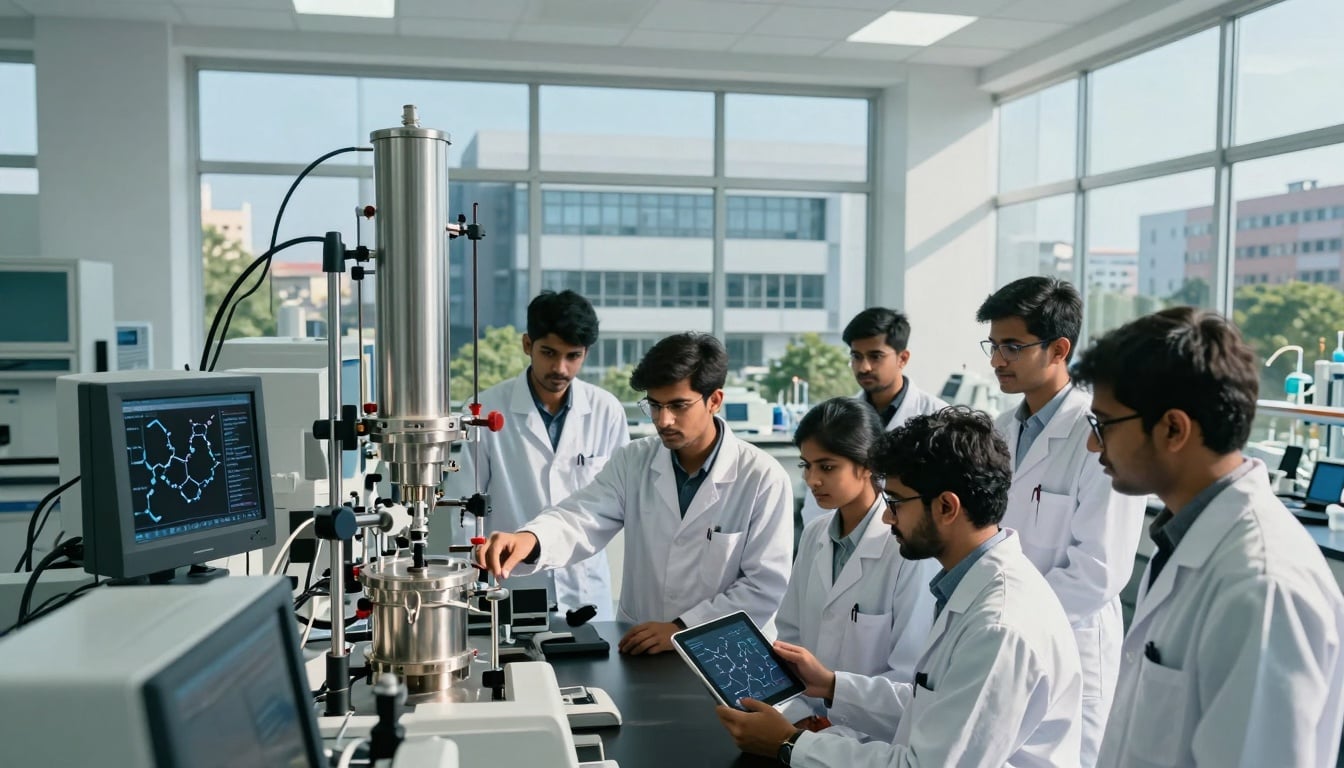 Young chemical engineering graduates in India discussing job opportunities in a bustling lab setting