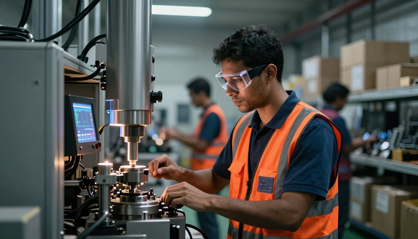 A dedicated production operations employee monitors machinery on a busy manufacturing floor, ensuring smooth workflow and high-quality output.