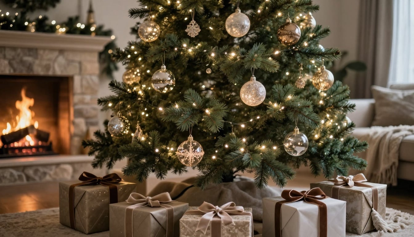 Uma casa acolhedora iluminada por luzes natalinas, com árvore enfeitada e guirlandas na porta