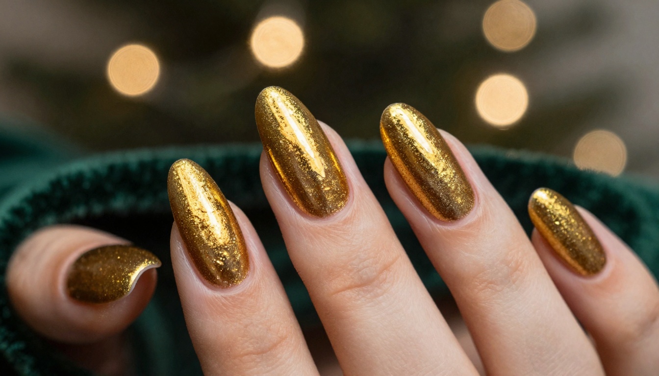 Elegant gold Christmas nails with festive shimmer under holiday lights
