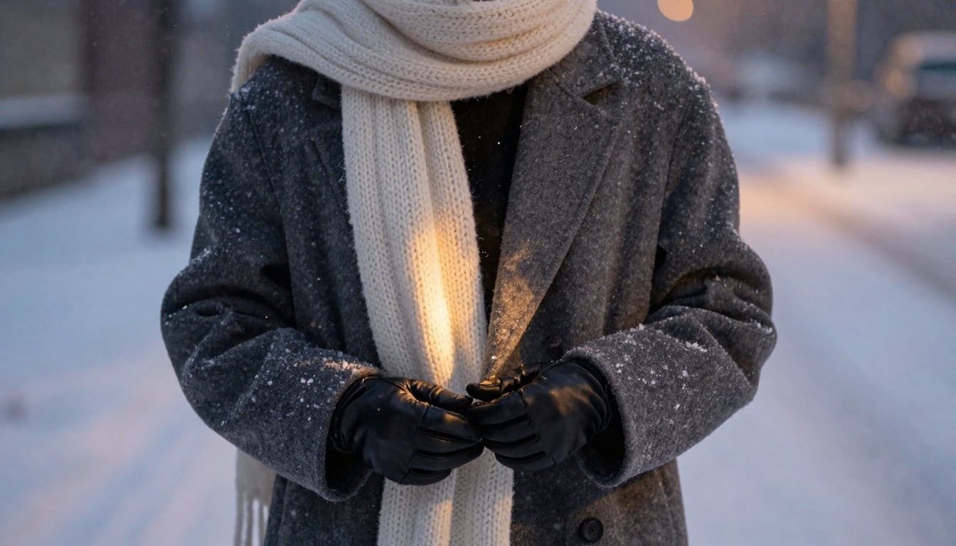 A stylish woman bundled in layers against a snowy city backdrop, showcasing cozy winter outfits that blend fashion and function