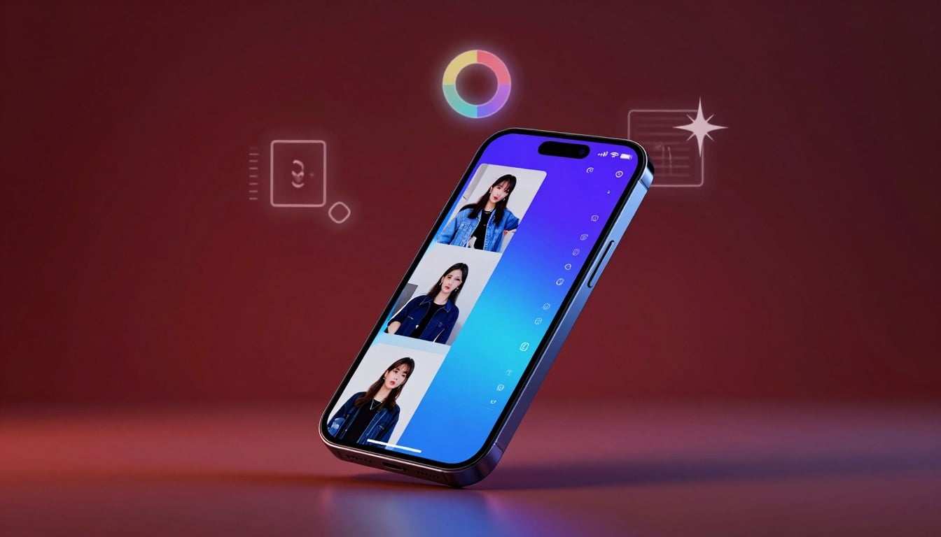 Vibrant smartphone screens showcasing photo edits with AI tools and filters