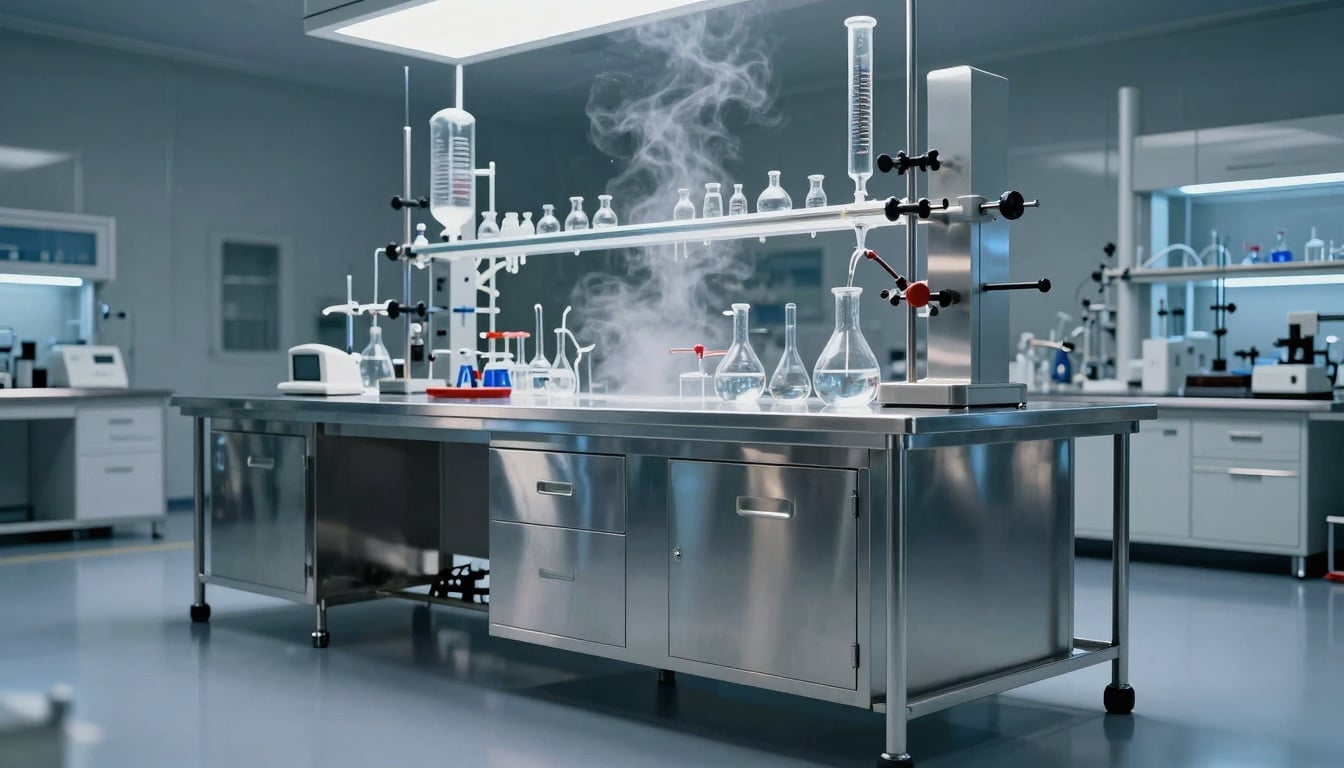 A bustling ammonia chemical laboratory where scientists test samples under bright lights