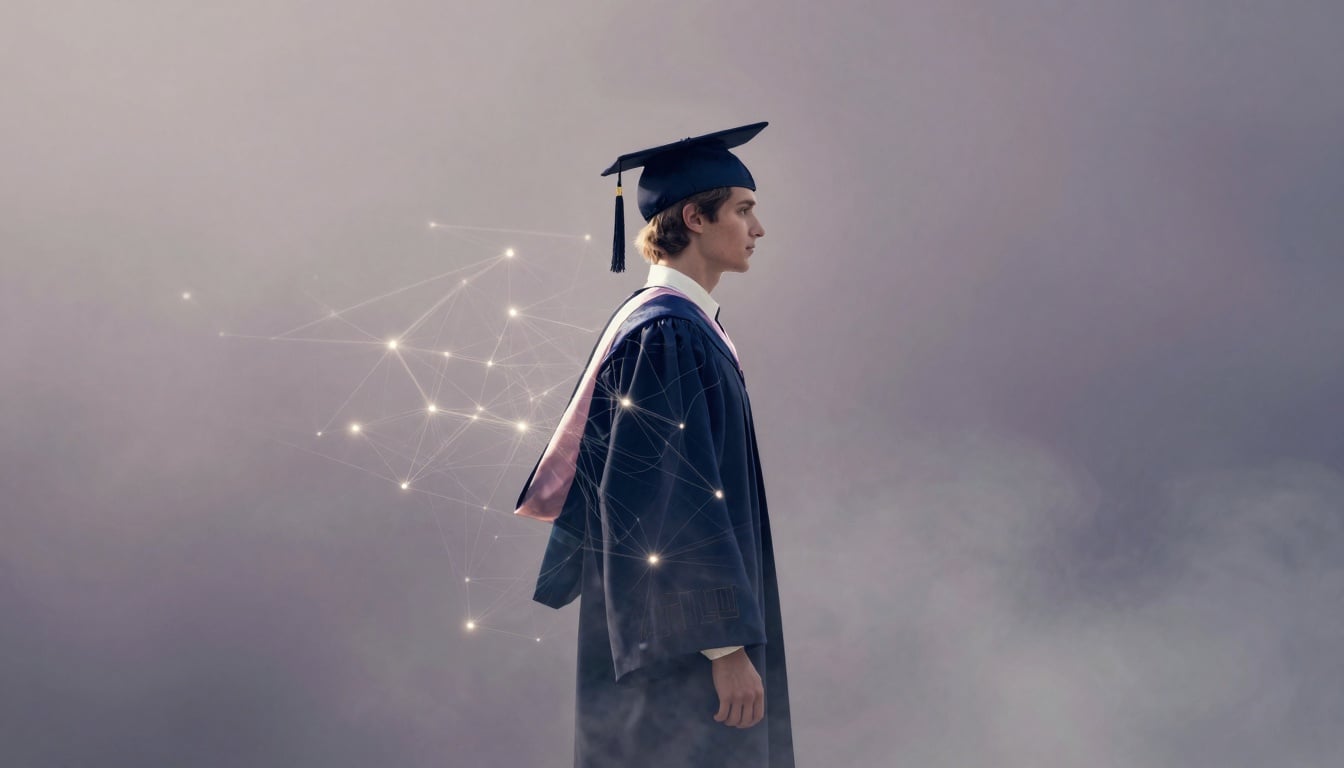 Ilustração de um cadeado protegendo ícones de dados escolares e estudantes em uma sala de aula digital