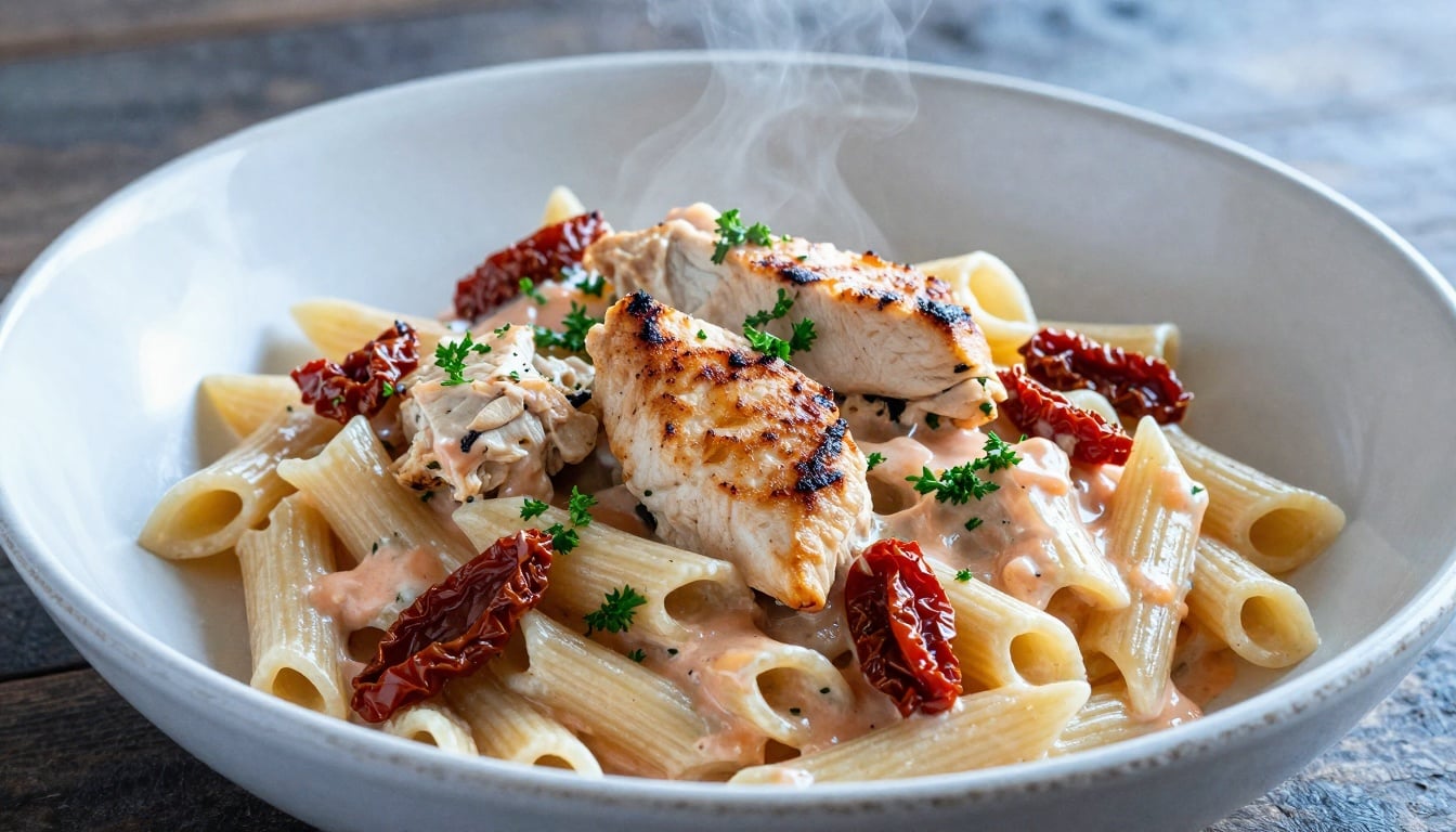 A steaming plate of creamy Marry Me Chicken Pasta, loaded with tender chicken, sun-dried tomatoes, and cheesy sauce that will make you say 