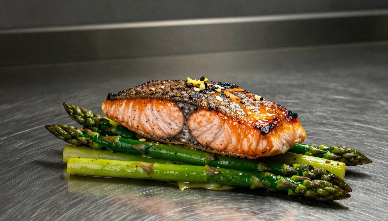 Perfectly seared Gordon Ramsay salmon, crispy golden skin glistening with herb-infused butter