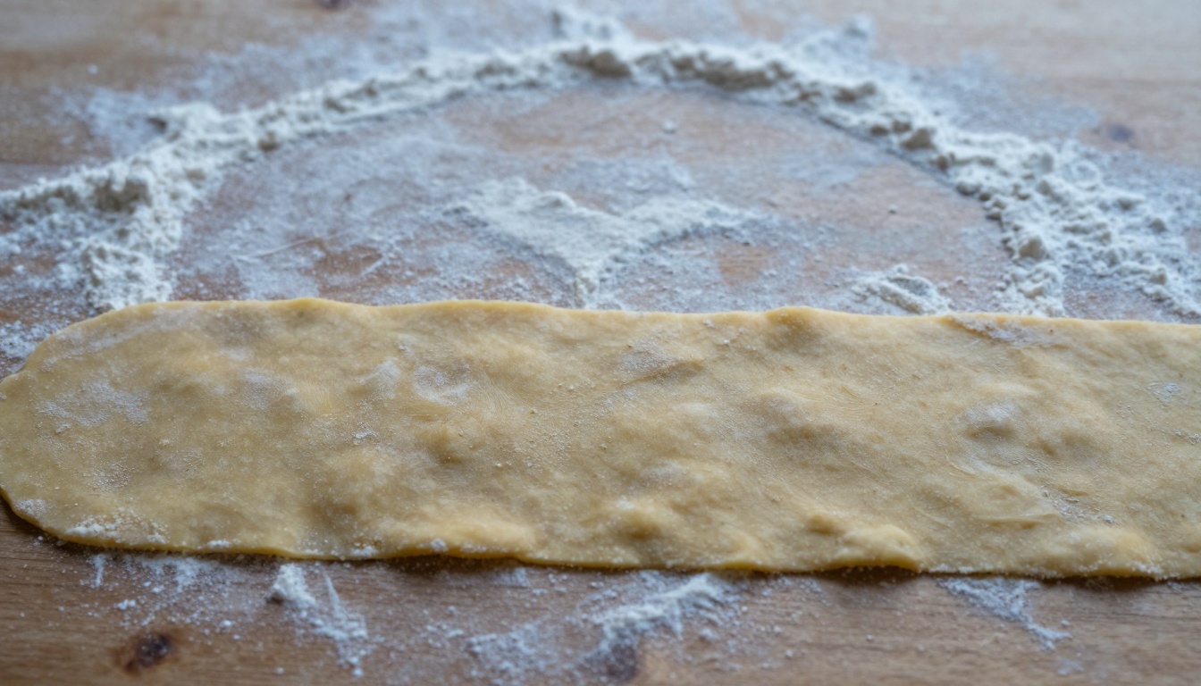 Freshly rolled semolina pasta sheets dusted with flour, ready for cutting into delicious strands