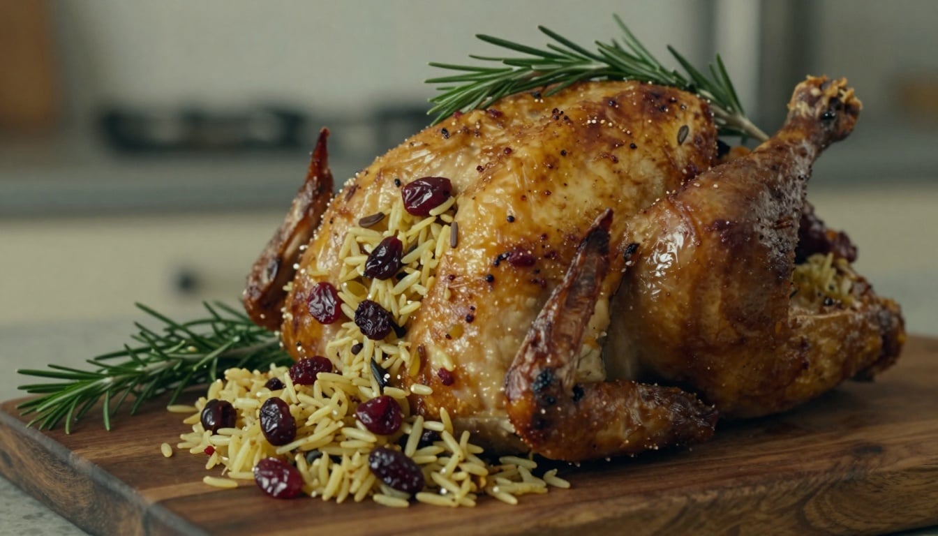 A golden-baked stuffed chicken breast oozing with creamy spinach filling, garnished with fresh herbs on a white plate