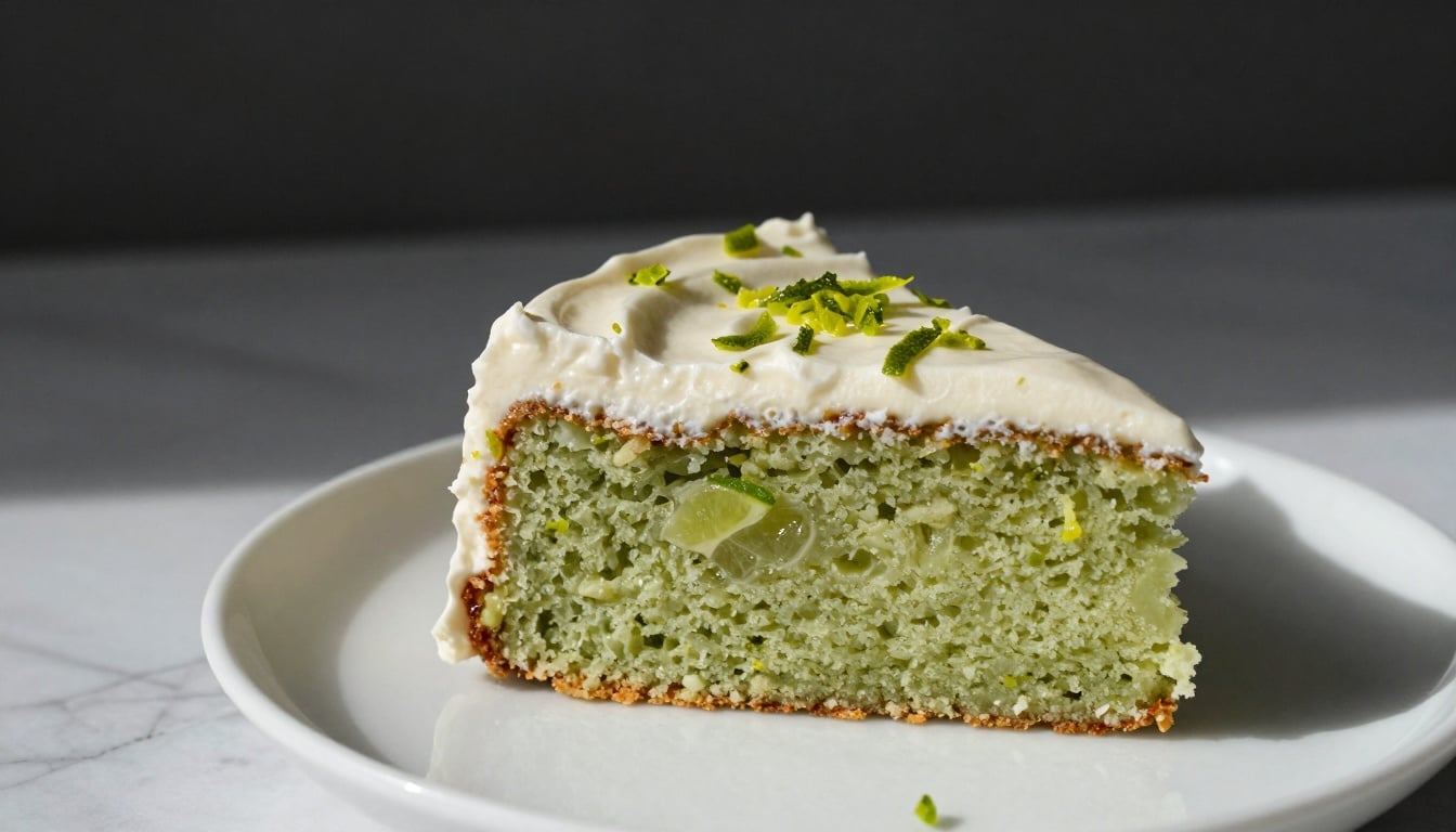 A vibrant slice of key lime cake topped with creamy frosting and lime zest, ready to enjoy