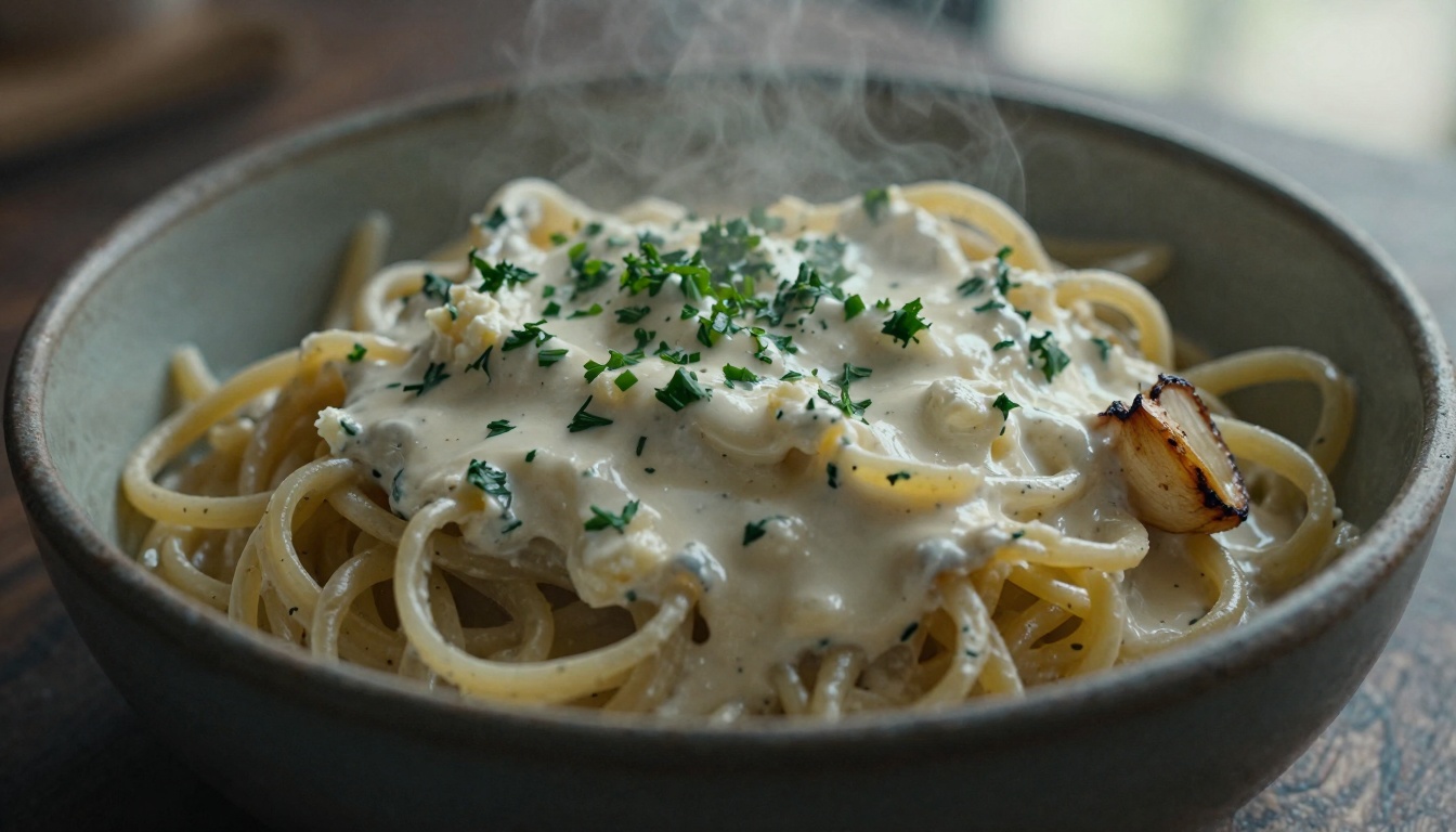 A steaming bowl of creamy Boursin pasta topped with fresh herbs, ready for a cozy dinner