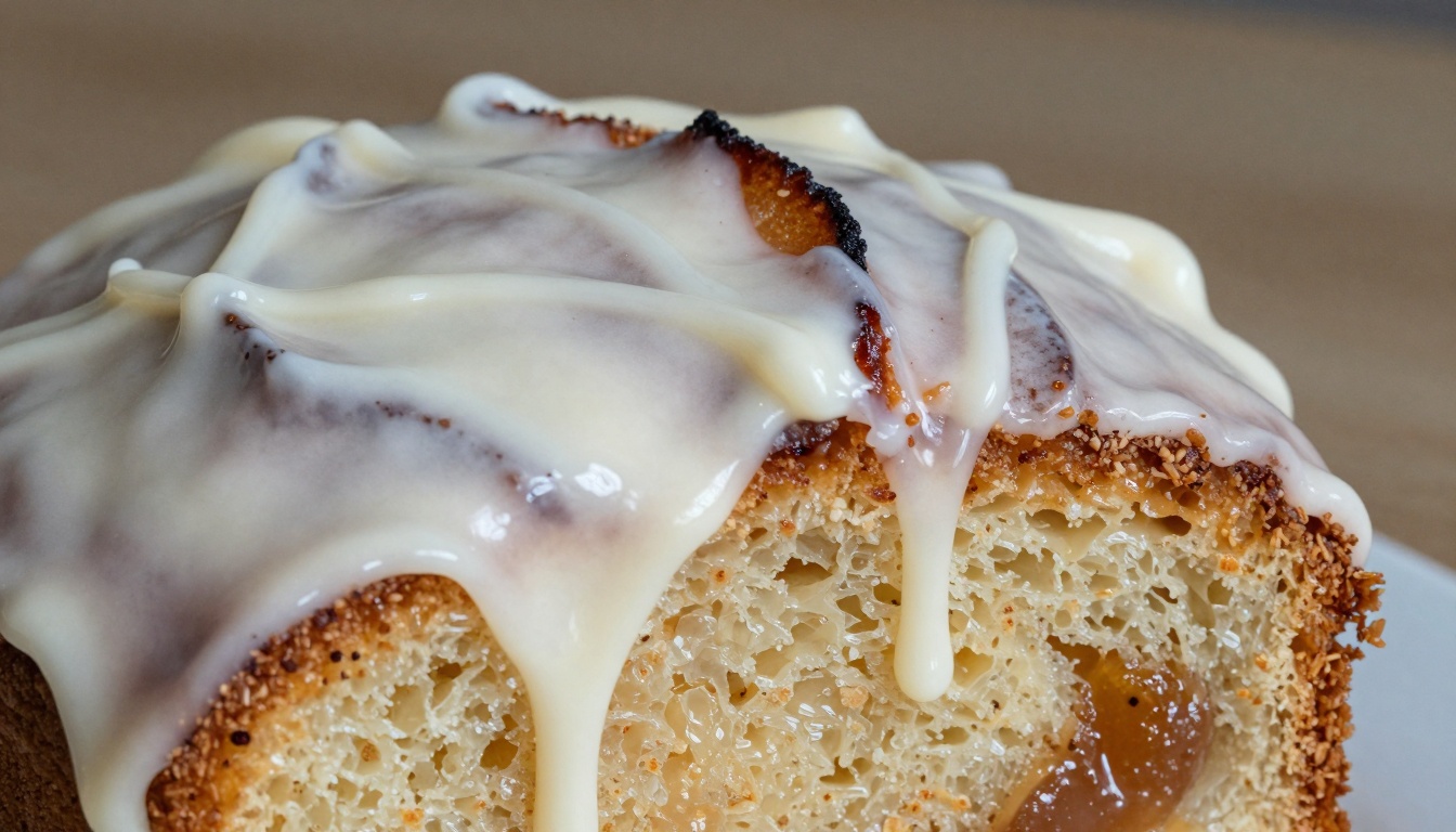 A golden slice of honey bun cake with swirling cinnamon layers and a glossy honey glaze, perfect for your next sweet treat.