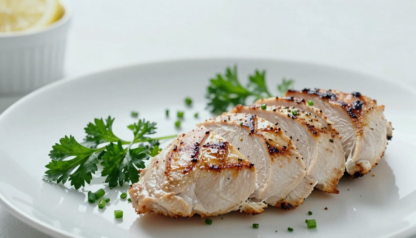 Sizzling thin sliced chicken breast with fresh herbs and lemon slices