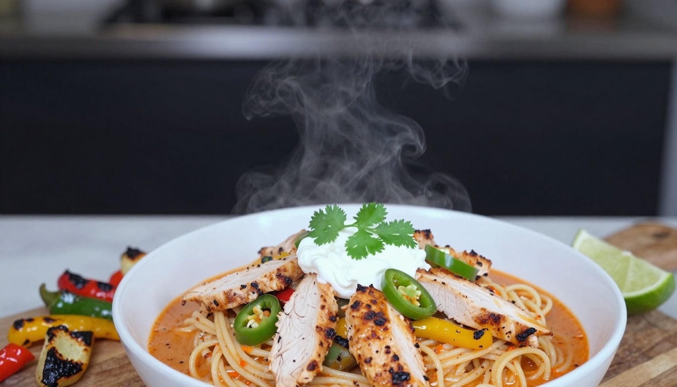 A vibrant bowl of chicken fajita pasta topped with fresh cilantro and cheese, perfect for a cozy family meal