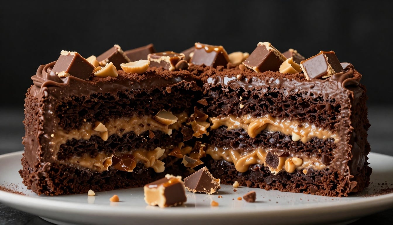 A decadent slice of homemade Butterfinger cake reveals layers of moist cake, creamy peanut butter frosting, and crunchy candy bits
