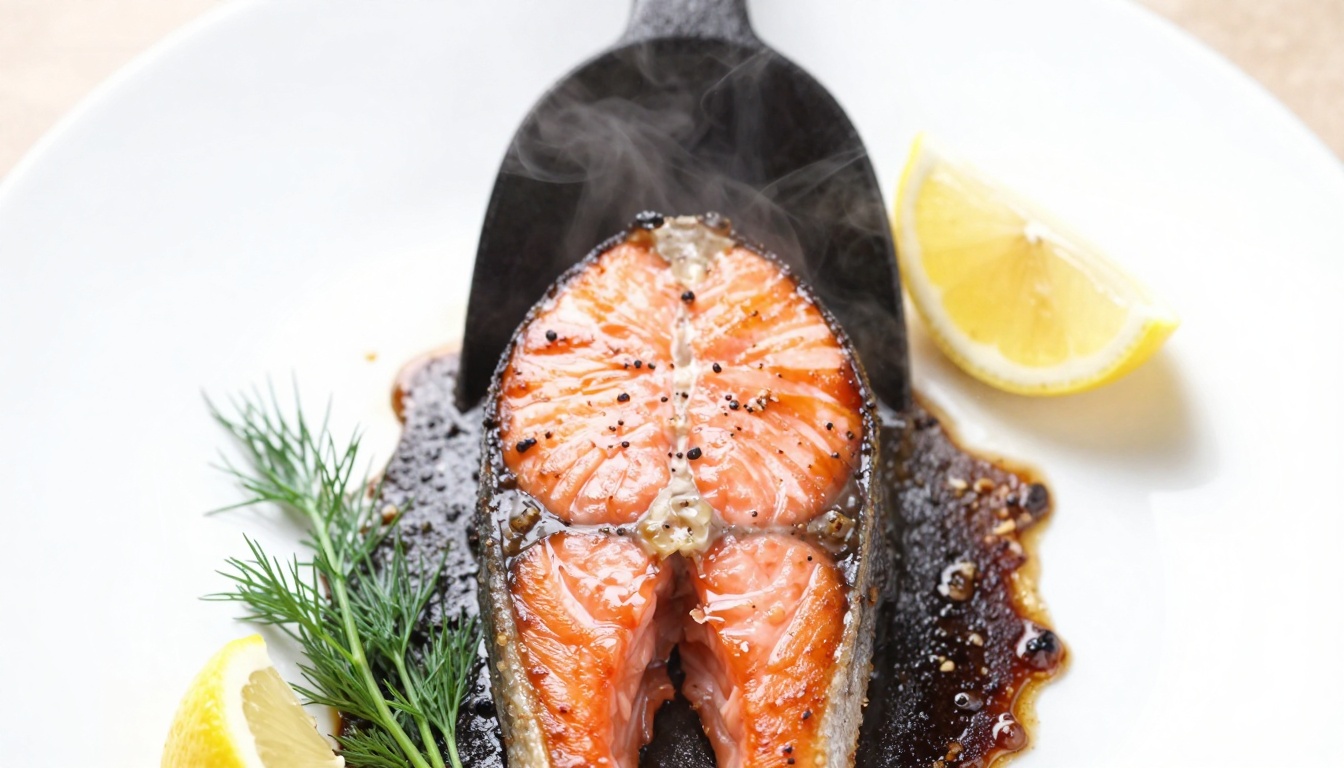 Sizzling salmon fillets on a hot Blackstone griddle, golden crust forming with fresh herbs nearby
