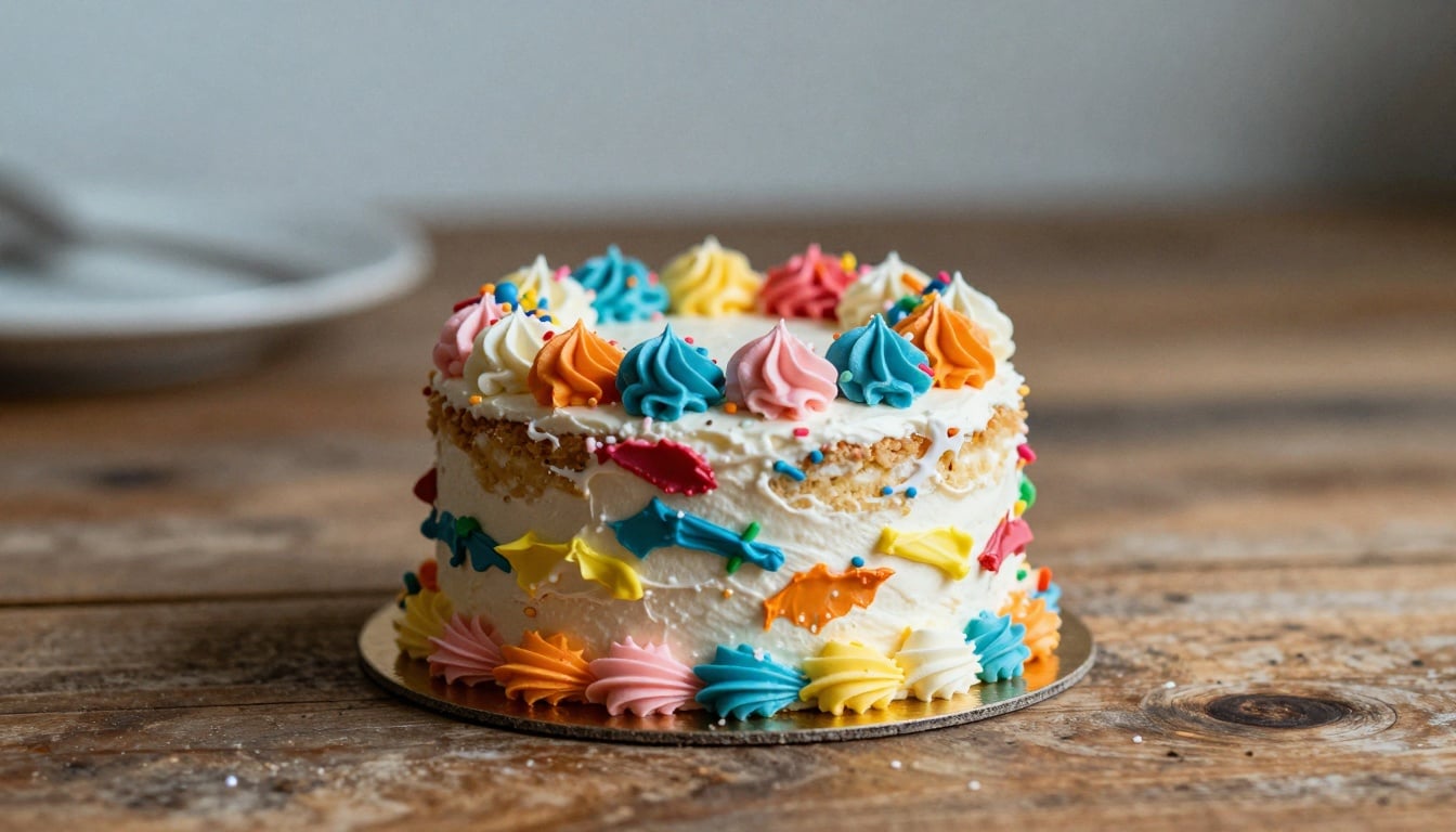 Adorable baby smashing a colorful homemade cake on their first birthday, with frosting everywhere and a big smile.