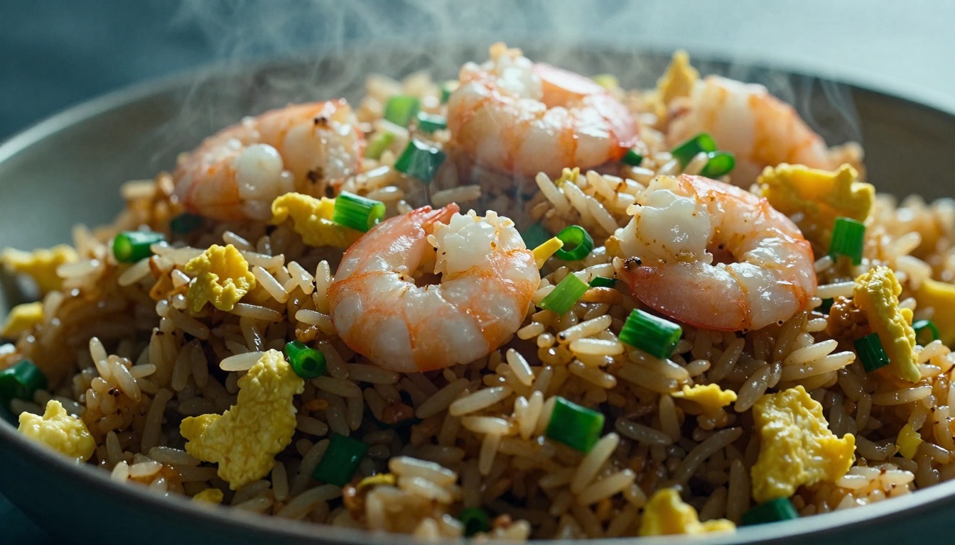 A vibrant plate of easy shrimp fried rice, brimming with tender shrimp, colorful veggies, and fluffy grains.