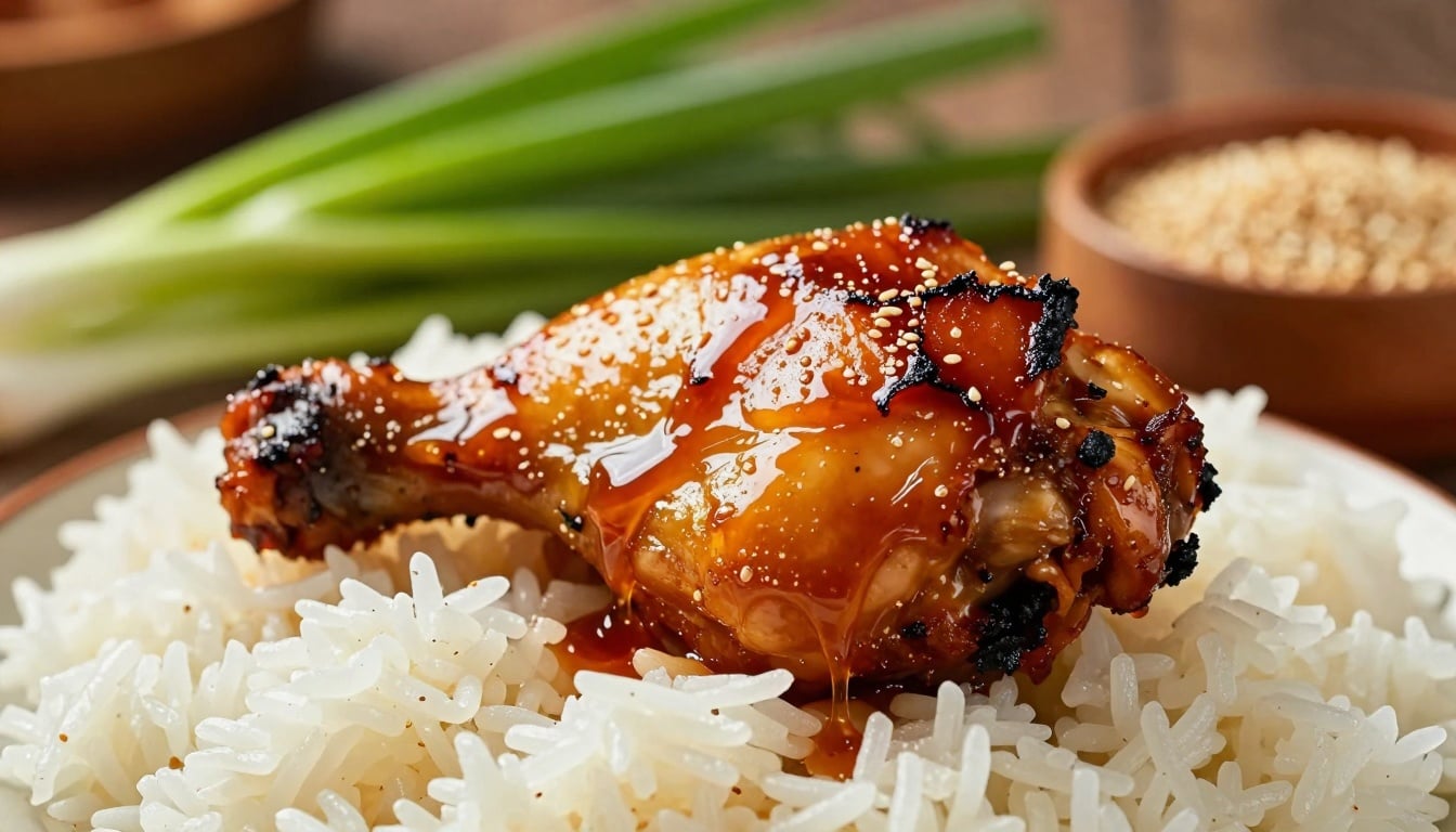 Sizzling bourbon chicken in a glossy sauce, ready to serve over fluffy rice