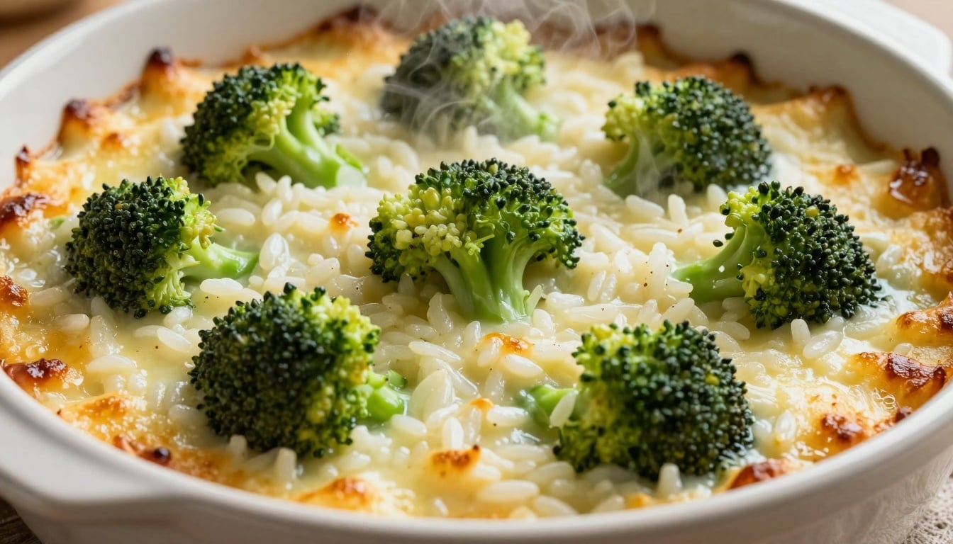 A steaming hot broccoli rice casserole, golden on top and bubbling with creamy goodness