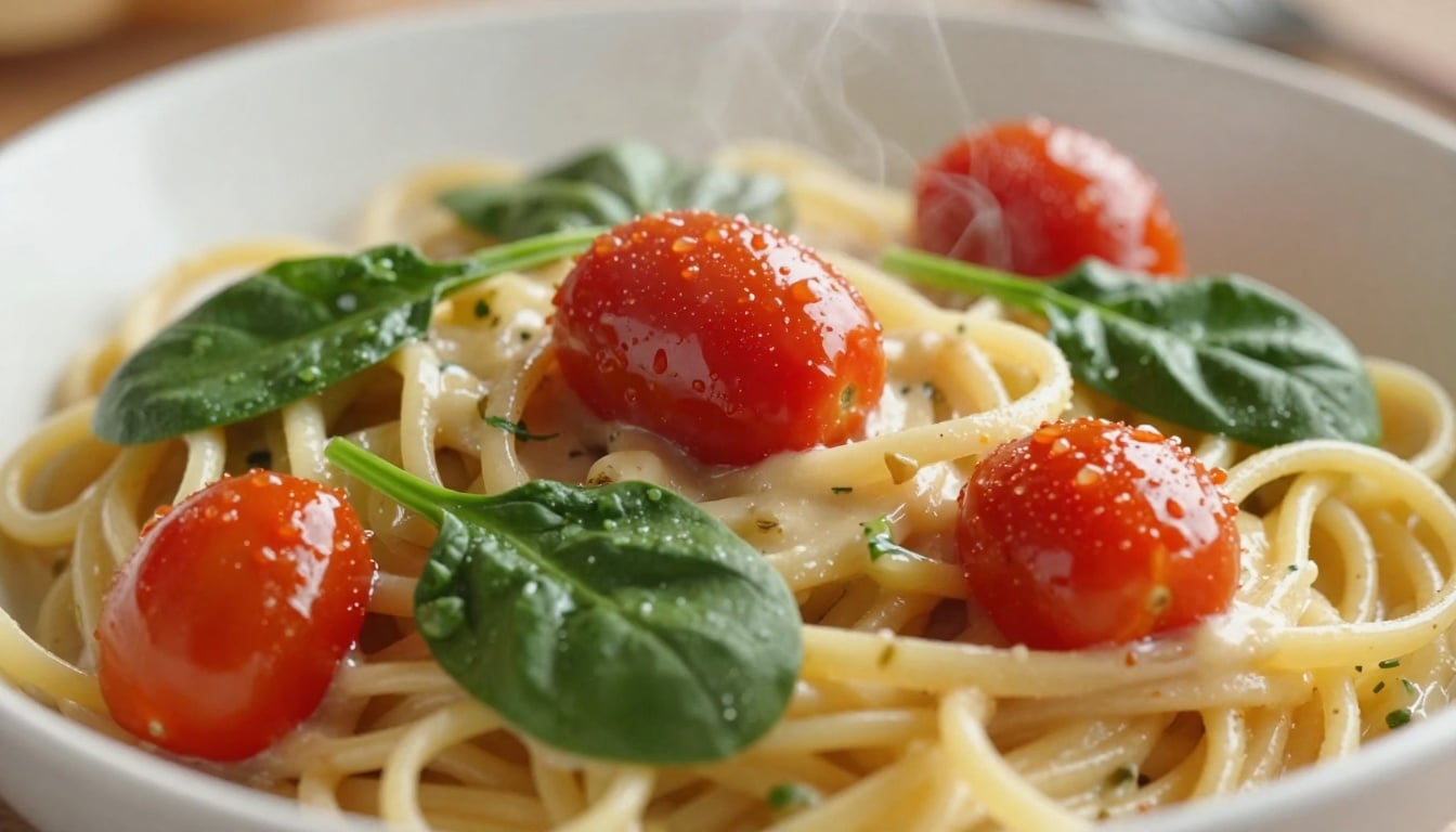 A colorful bowl of spinach tomato pasta, steaming hot and garnished with fresh herbs, inviting you to dig in