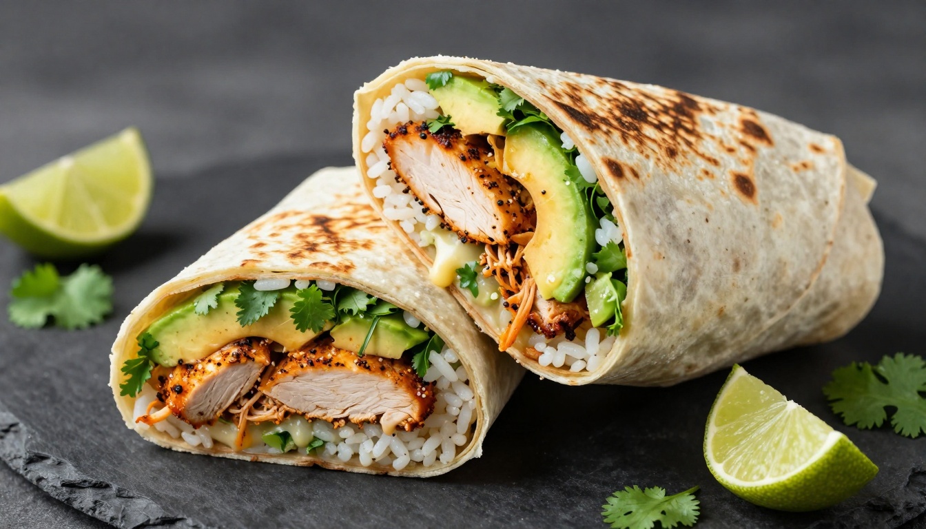 A warm, stuffed chicken burrito sliced open to reveal juicy chicken, beans, and fresh toppings on a wooden board