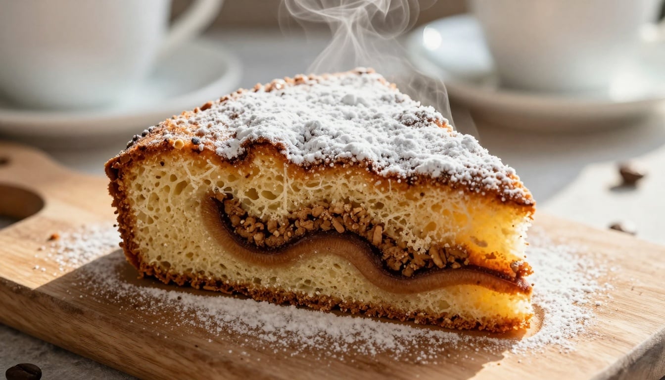 Warm slices of easy cinnamon coffee cake fresh from the oven, with a golden streusel topping and visible cinnamon swirls